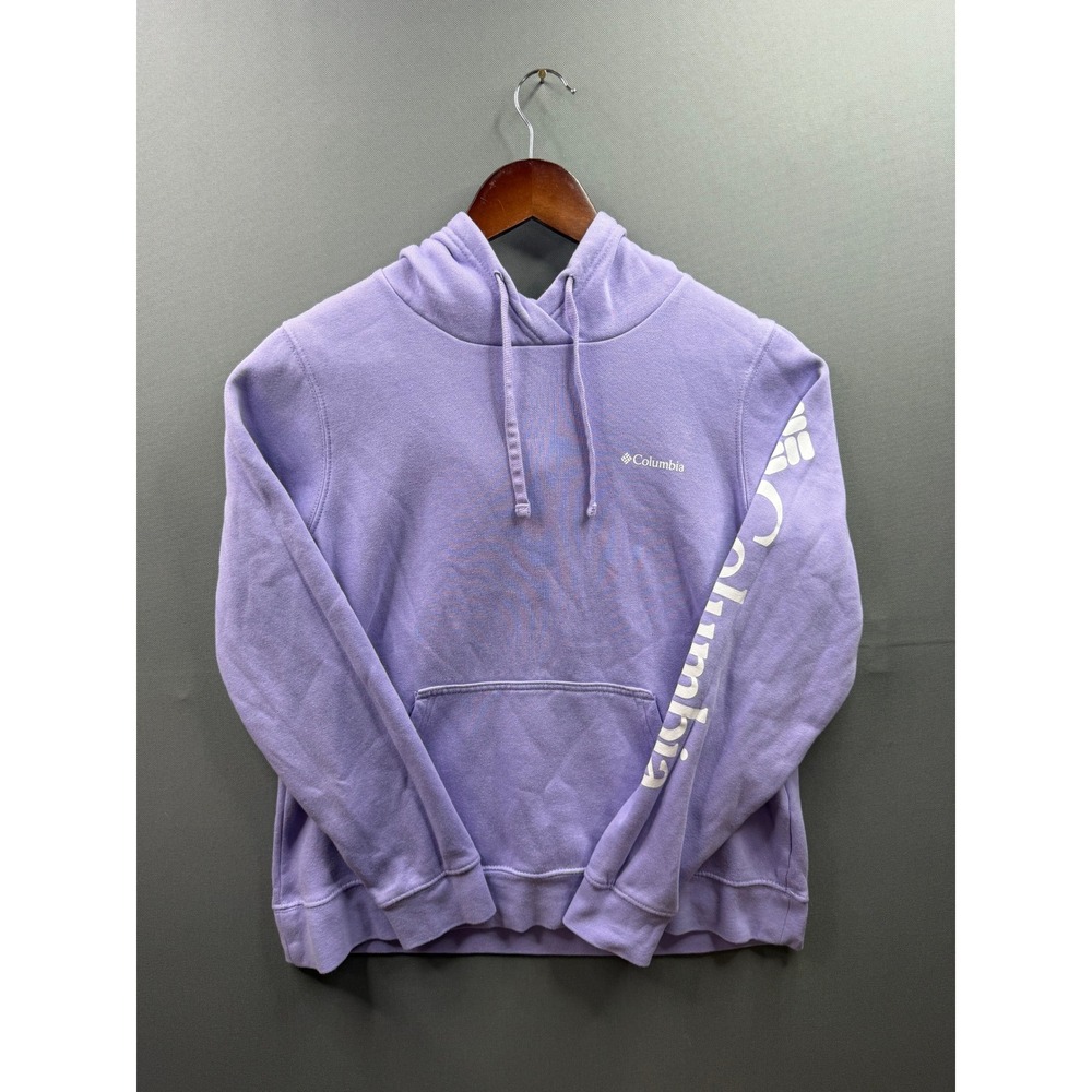 Columbia Hoodie Womens Purple Logo Sleeve Fleece Sweatshirt Medium